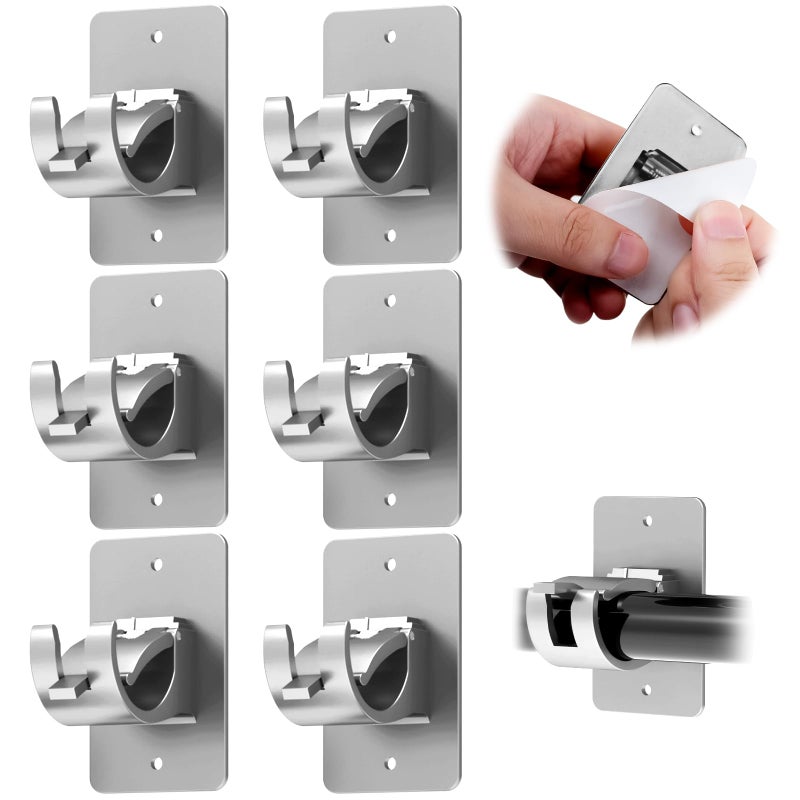Wabboreq 6PCS No Drill Curtain Rod Brackets  Self-Adhesive Curtain Rods No Drilling  Universal Plastic Nail Free Adjustable Curtain Rod Holders  Curtain Hooks for Rod Less Than 1.57 Inch Diameter (Sliver) - Image 1